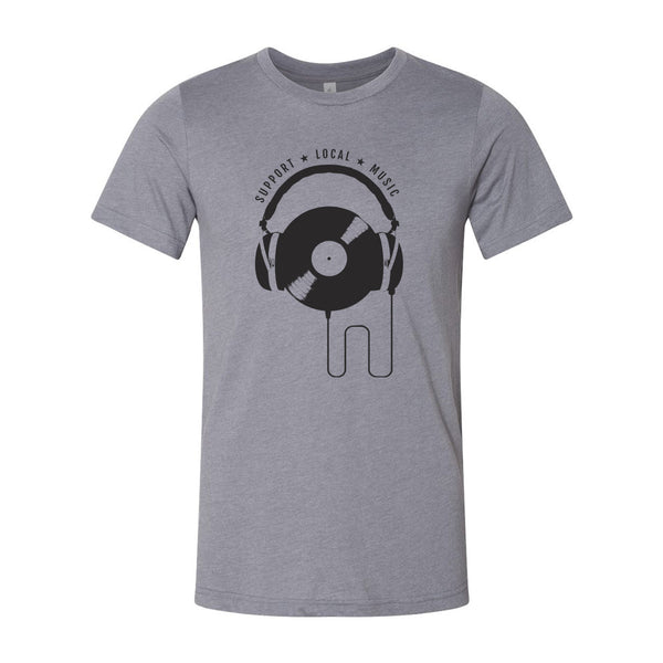 Support Local Music - Vinyl Headphones Tee (Heather Storm)