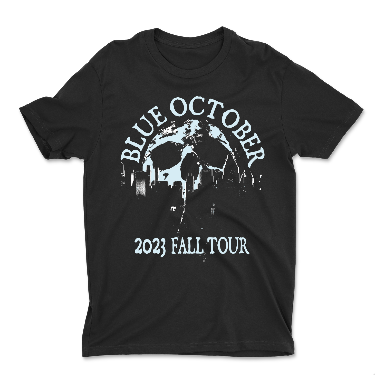 Blue October STTA Skull Skyline 2023 Fall Tour Tee Bandwear Blue october stta skull skyline 2023 fall tour tee bandwear
