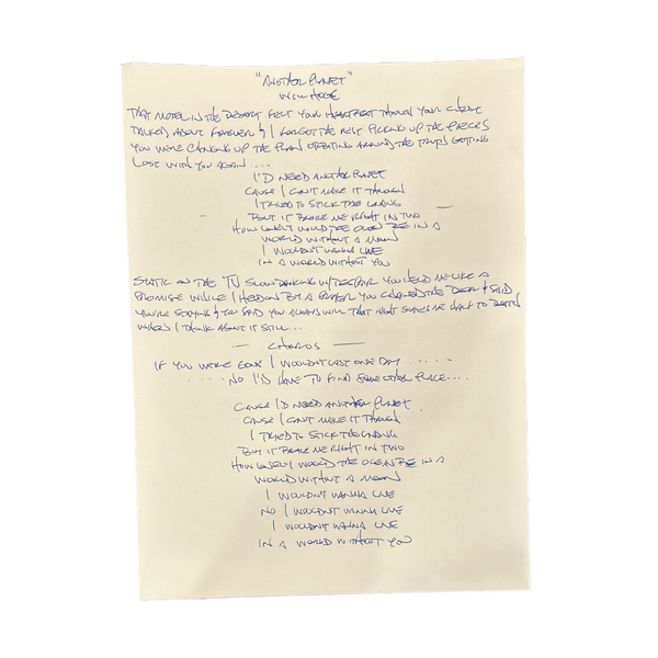 Will Hoge - Handwritten Lyric Sheet for Another Planet