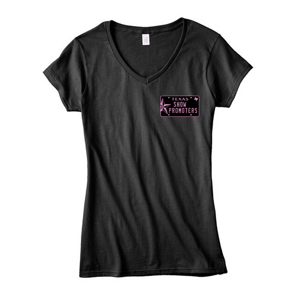 Ladies Throwback Texas Show Promoters Pink License Plate V-Neck Tee
