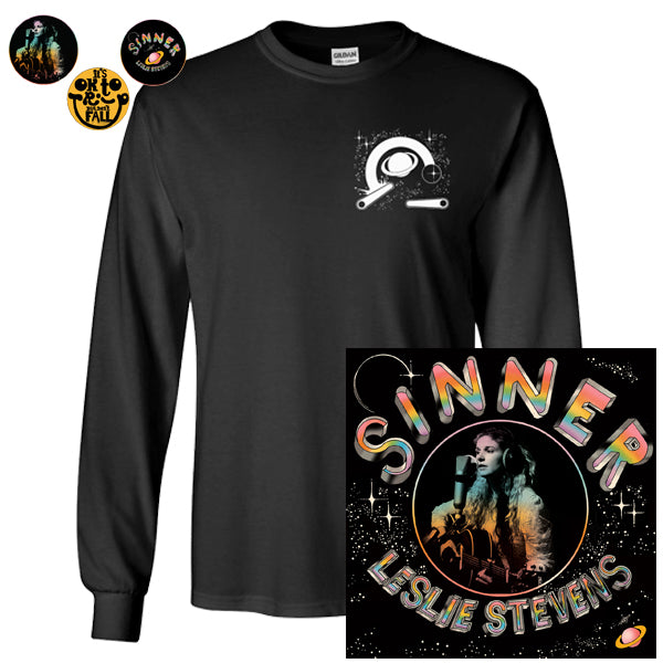 Leslie Stevens - Sinner Tee + Black Vinyl & Pins Bundle